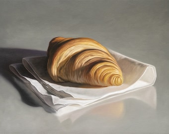 Croissant fresco / Cocina Pastelería Comida Pintura al óleo Impresión de bellas artes firmada / Directo del artista
