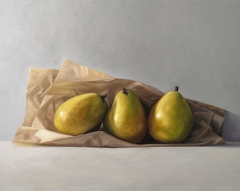 Trio de poires | Cuisine Fruits Nourriture Peinture à l'huile signée | Direct de l'artiste