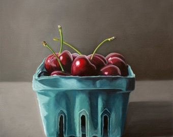 Basket of Cherries | Kitchen Food Fruit Oil Painting Signed Fine Art Print | Direct from Artist