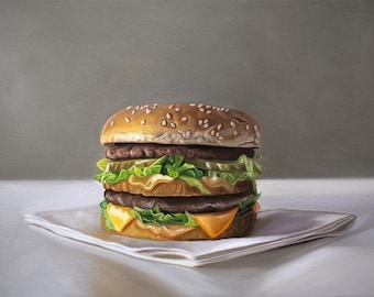 Cheeseburger Oil Painting Print, Kitchen Wall Decor, Horizontal