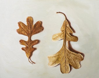 Feuilles de chêne d'automne | Peinture à l'huile nature morte Impression d'art signée | Direct de l'artiste