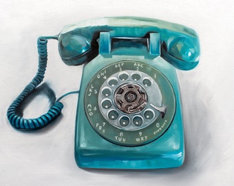 Vintage Aqua Rotary Phone | Still Life Oil Painting Signed Fine Art Print | Direct from Artist