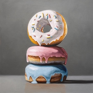 May include: An oil painting of a vertical stack of three donuts. The top donut has white icing with colorful sprinkles. The middle donut features pink icing dripping down the sides. The bottom donut is covered in light blue icing dripping downwards.