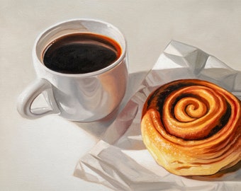 Rollo de café y canela / Pintura al óleo de comida de cocina Impresión de bellas artes firmada / Directo del artista