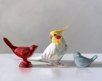 Calopsitte blanche | Peinture à l'huile d'oiseau perroquet, impression d'art signée | Direct de l'artiste