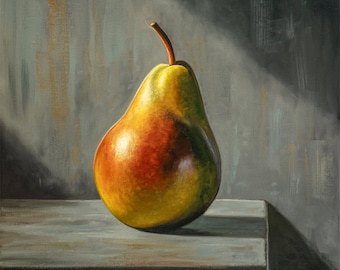 Pera solitaria / Cocina Fruta Comida Pintura al óleo Impresión de bellas artes firmada / Directo del artista