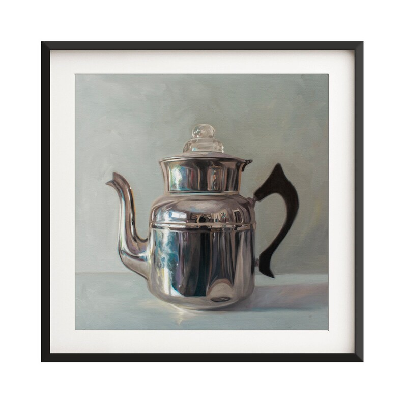 Vintage Tea Kettle Still Life Fine Art Oil Painting Archival Giclee Print by Artist Lauren Pretorius