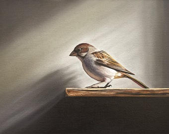 moineau | Peinture à l'huile d'oiseau, impression d'art signée | Direct de l'artiste