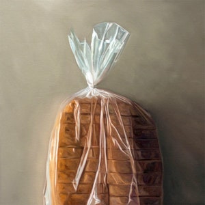 The artwork features a fresh loaf of bread in clear plastic wrap on a light grey background.