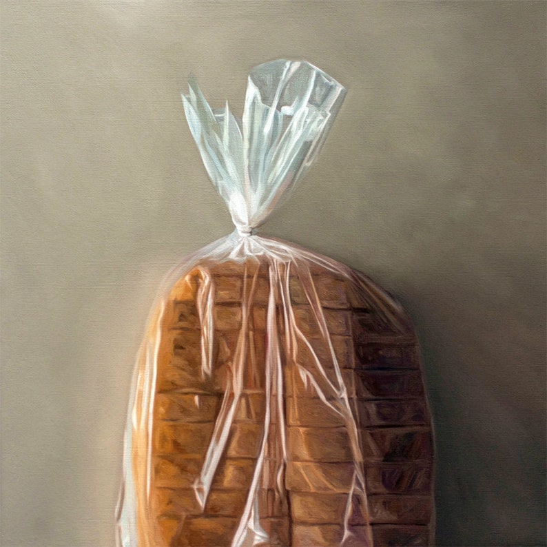 The artwork features a fresh loaf of bread in clear plastic wrap on a light grey background.