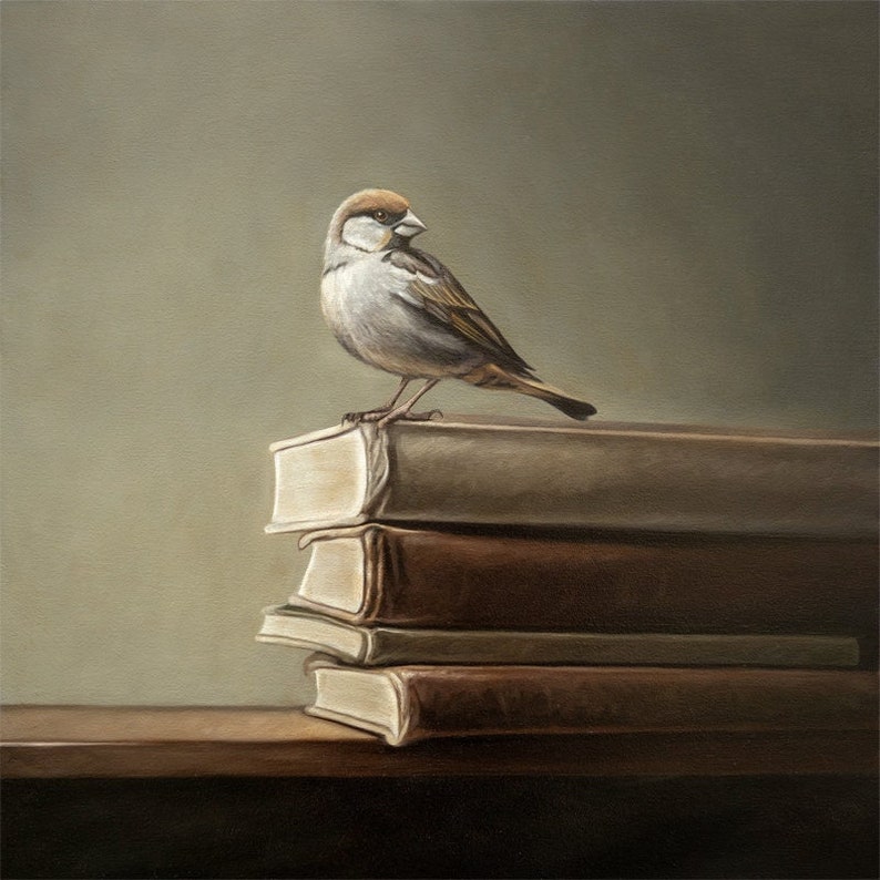 The artwork features a male sparrow perched on the edge of a stack of vintage books.