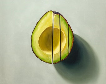 Aguacate en rodajas verticales / Pintura al óleo original de 12" x 12" de Lauren Pretorius