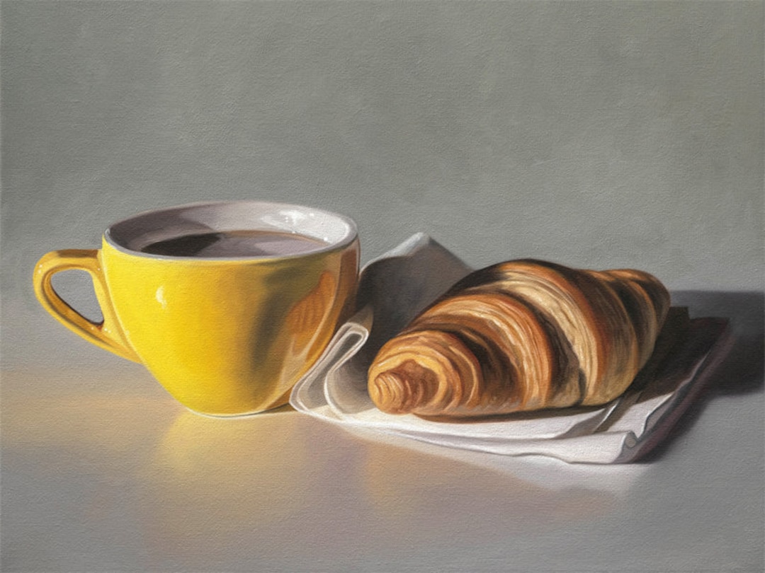 Coffee & Croissant | Kitchen Pastry Food Oil Painting Signed