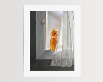 Miel et abeille à la fenêtre | Peinture à l'huile de cuisine, impression d'art signée | Direct de l'artiste