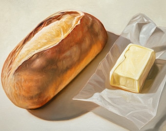 Pan y mantequilla / Cocina Comida Pintura al óleo Impresión de bellas artes firmada / Directo del artista
