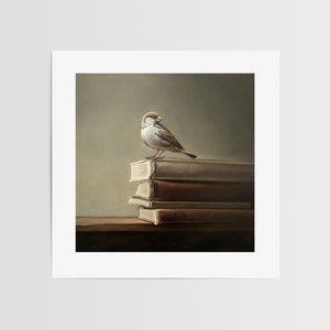 Moineau et livres vintage Peinture à l'huile d'oiseau, impression d'art signée Direct de l'artiste image 3