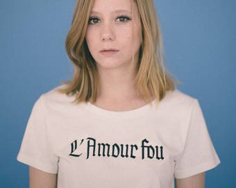 L'Amour Fou. White T-Shirt embroidery in dark blue
