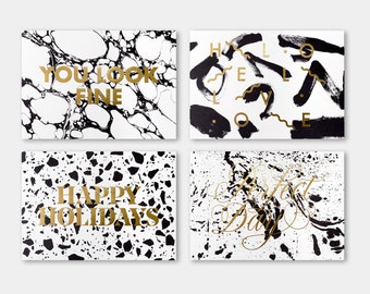 GREETING CARDS PACK. 4 designs. black and goldfoil