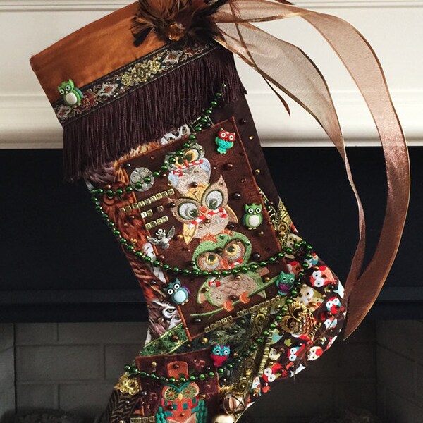 Owl Christmas stocking, a custom handmade one-of-a-kind holiday decoration for a bird lover
