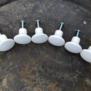 May include: Six white ceramic cabinet knobs with silver screws. The knobs are round and have a slightly raised center.