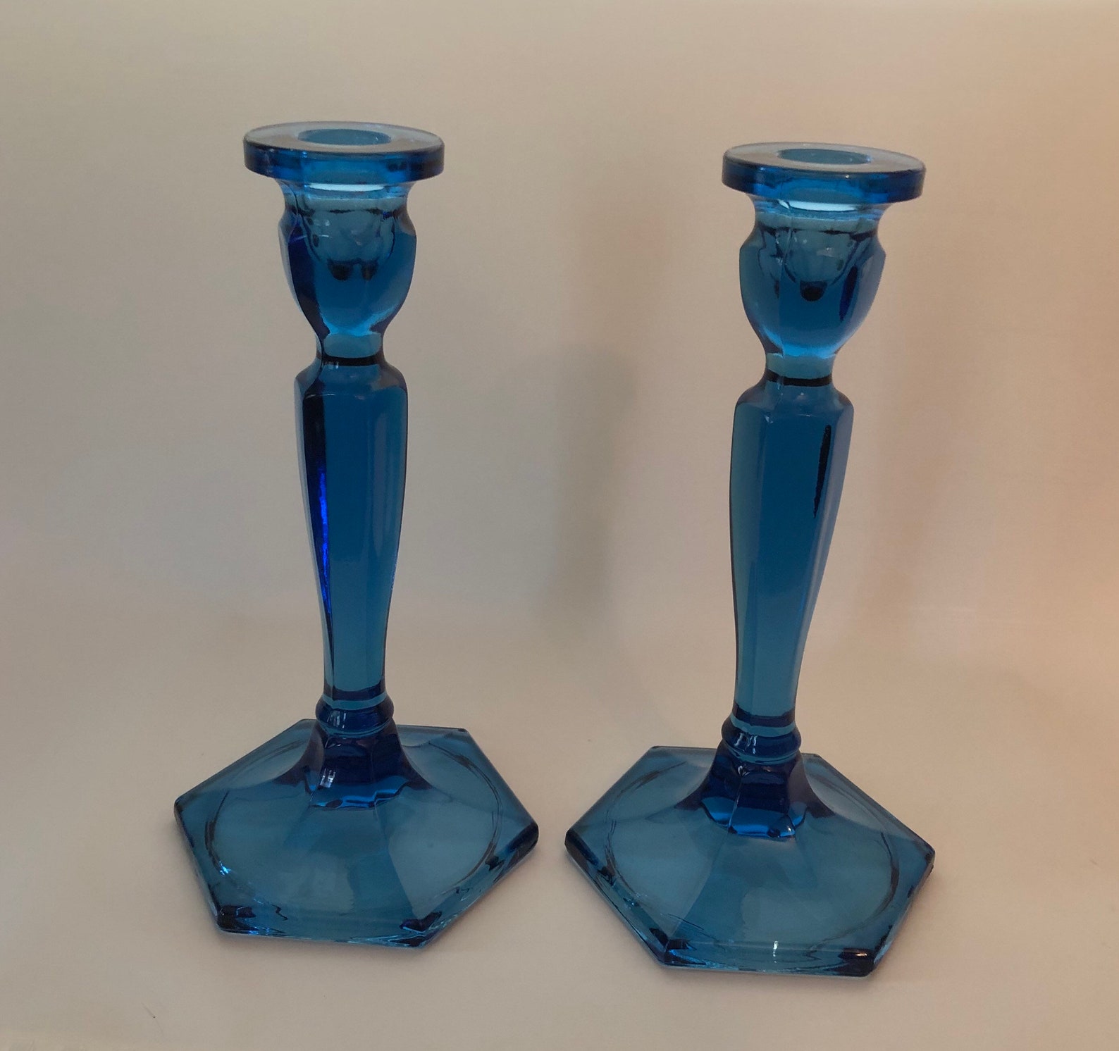 Pair of blue glass candlestick holders clear blue glass Etsy