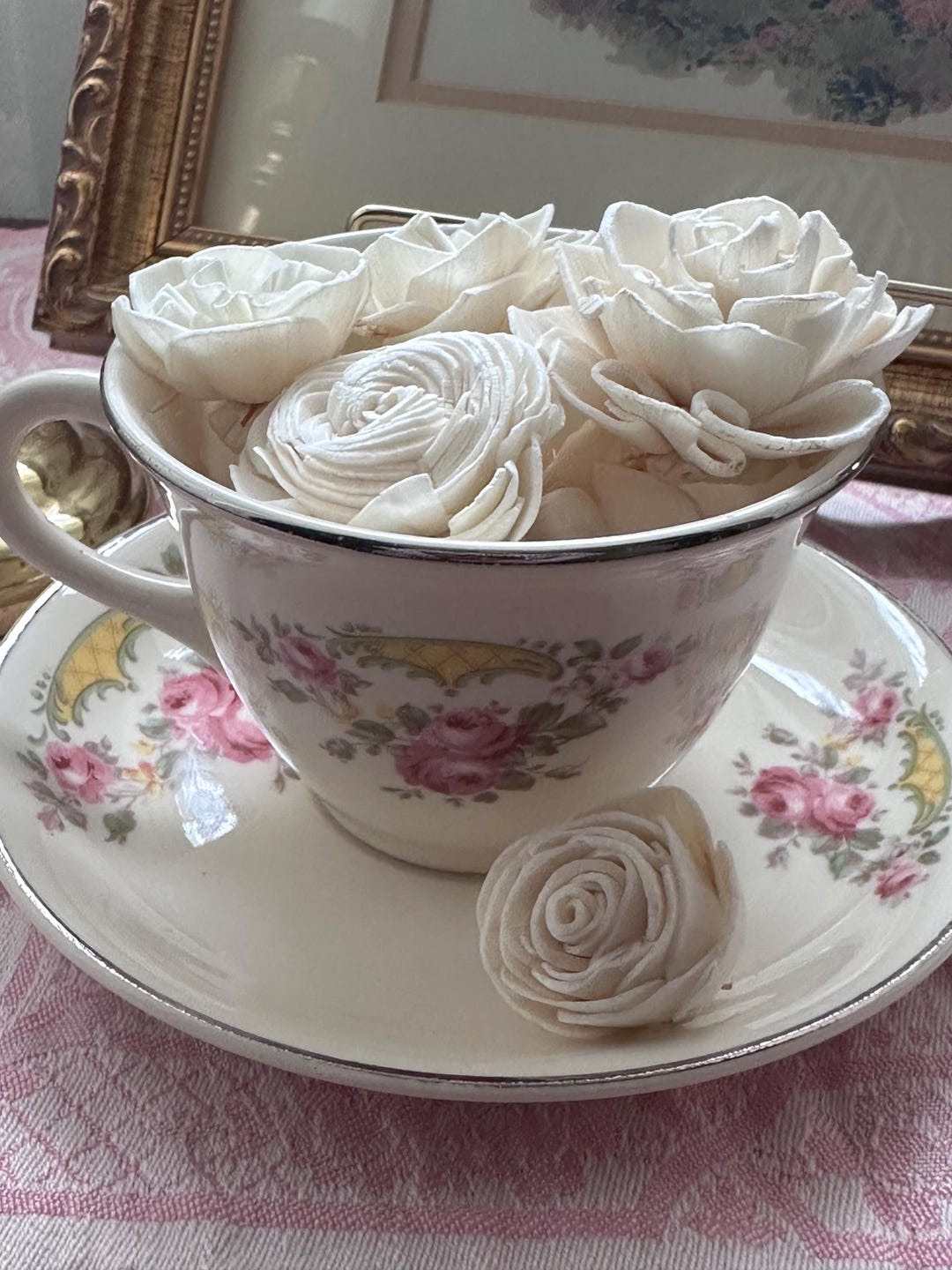 Ivory, Pink Roses, With Green and Yellow Ceramic Teacup With Matching ...