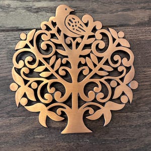 Brass Wall Mounted Trivet or Wall Decor, Bird and Tree Design, Eclectic Cottage Core Decor