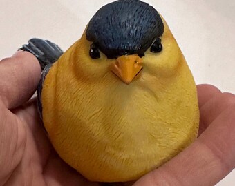 May include: A yellow and blue bird figurine with a black head and a small orange beak. The bird is sitting on a hand.