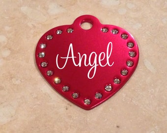 Swarovski Element Heart Personalized Pet ID Tag - Bling Heart Dog Tag - Large Heart Collar Tag