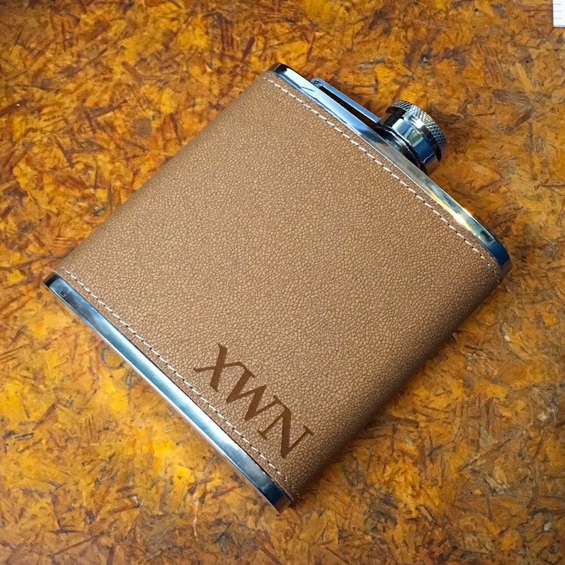 Laser Engraved Monogram Faux Leather Wrapped Flask Etsy