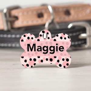 Metal Dog Bone Pet Tag: Pink Polka Dot Design - Custom Engraved