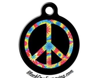 Tie-dye Peace Engraved Pet ID Tag, Peace Sign Dog Tag, Peace Sign Engraved Dog Tag, Personalized Peach Sign Dog Tag, Hippie Dog Tag