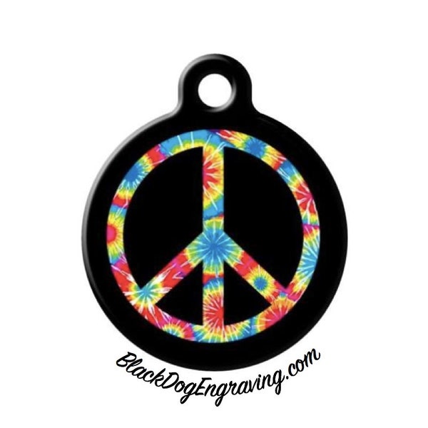 Tie-dye Peace Engraved Pet ID Tag, Peace Sign Dog Tag, Peace Sign Engraved Dog Tag, Personalized Peach Sign Dog Tag, Hippie Dog Tag