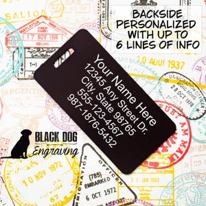a black luggage tag with personalized information, surrounded by various travel-related items such as stamps, passports, and envelopes.