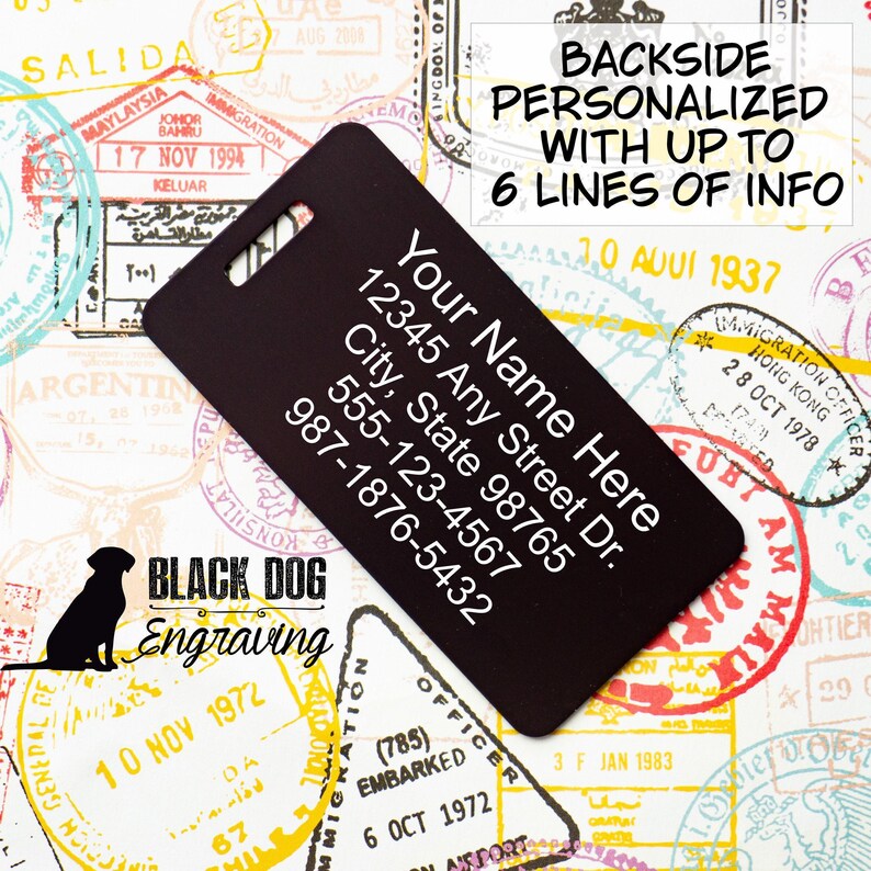 a black luggage tag with personalized information, surrounded by various travel-related items such as stamps, passports, and envelopes.