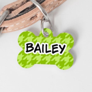 Personalized Dog Bone Tag, Lime Green Houndstooth Clover (Medium)