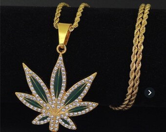 bling necklace LARGE 3 Weed necklace,marijuana necklace Gold necklace,old school Hip Hop rap cannabis marijuana wiz khalifa DANK