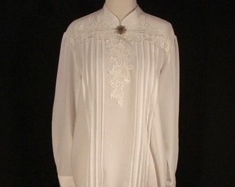 White Dressy Career Blouse Pleated Appliques Crepe Chiffon by Che Studio Size L