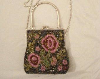 DISIGNER Vintage Style Silk HANDBAG Evening Prom Embroidered BEADED Floral PINK 