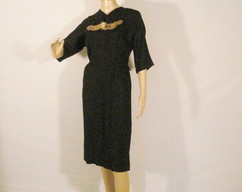 Vintage 1950s Black Dress Metal Zipper Real Mink Fur AccentMidi Dress M