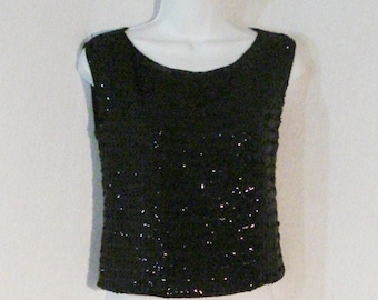 Black Sequin Shell Top Dressy Chic Sweater Vintage Glam M