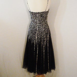 May include: A black and white striped dress with a black tulle skirt. The dress has a fitted bodice and a flowing skirt.