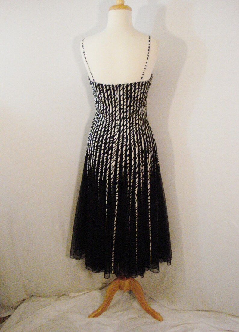 May include: A black and white striped dress with a black tulle skirt. The dress has a fitted bodice and a flowing skirt.