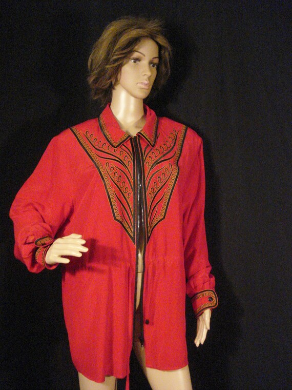 Red Silk Bob Makie Wearable Art Jacket Embroidere… - image 7