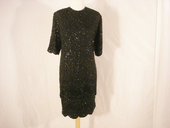 Black Sequin & Beaded Silk Dress Vintage Brillian… - image 1