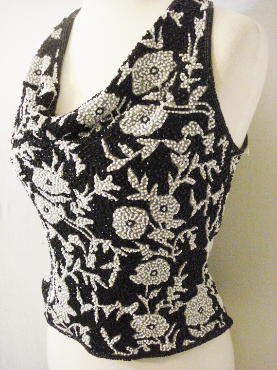 Formal Silk Beaded Top Black & White Silk by Ceci… - image 3