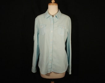 Liz Clairborne Blouse Seersucker Blue /Green and White Stripped Blouse has roll Up Sleeves M