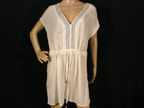 White cotton Gauze Tunic Top Boho Hippie Embroide… - image 1