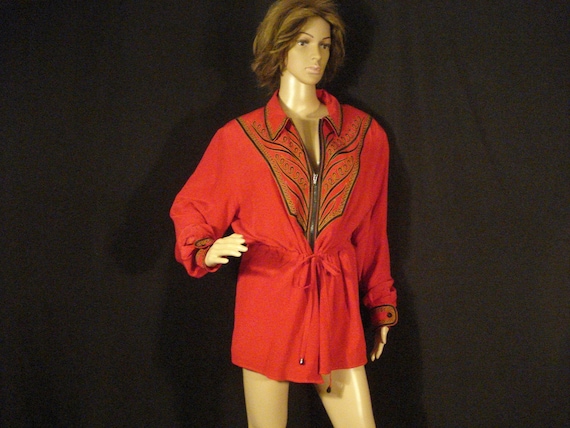 Red Silk Bob Makie Wearable Art Jacket Embroidere… - image 1