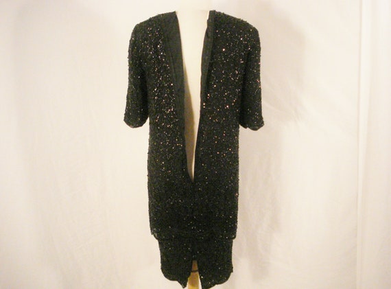 Black Sequin & Beaded Silk Dress Vintage Brillian… - image 9